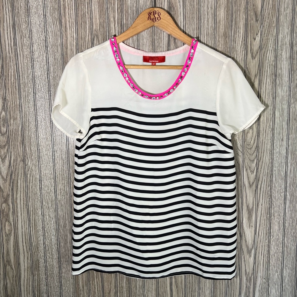 Saks Fifth Avenue Black White Striped Pink Neon Rhinestone Collar Blouse Top